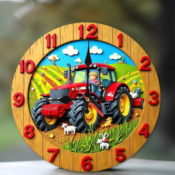Farm Tractor Clock Resin Crafts Wall Decor 10-Inch Silent Wooden Wall Clock, Battery Operated (AA Batteries Not Included), Artistic Home Decor