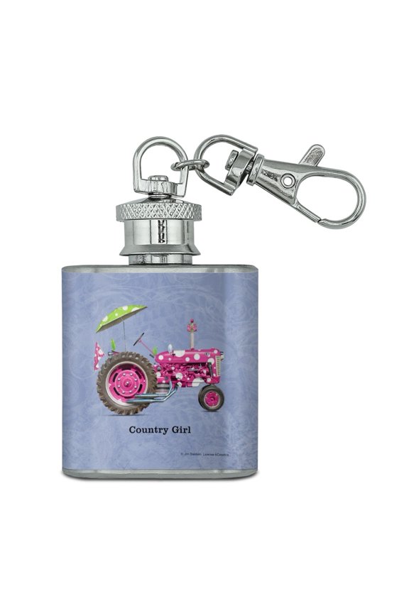 Farm Tractor Country Girl Pink Polka Dot Farming Stainless Steel 1oz Mini Flask Key Chain