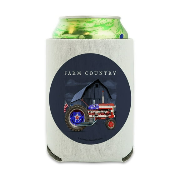Farm Tractor Country USA American Flag Barn Farming Can Cooler - Drink Sleeve Hugger Collapsible Insulator - Beverage Insulated Holder