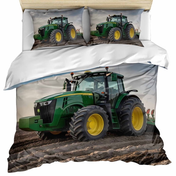 Farm Tractor Duvet Cover Twin Size, Green Truck Country Rustic Field Harvester Comforter Cover with Zipper Closure, 3 Piece Bedding Sets 1 Duvet Cover 68x90 Inches and 2 Pillow Shams