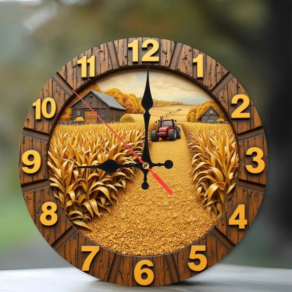 Farm Tractor Harvest Autumn Cornfield Wall Clock 10-Inch Silent Wooden Wall Clock, Battery Operated (AA Batteries Not Included), Artistic Home Decor
