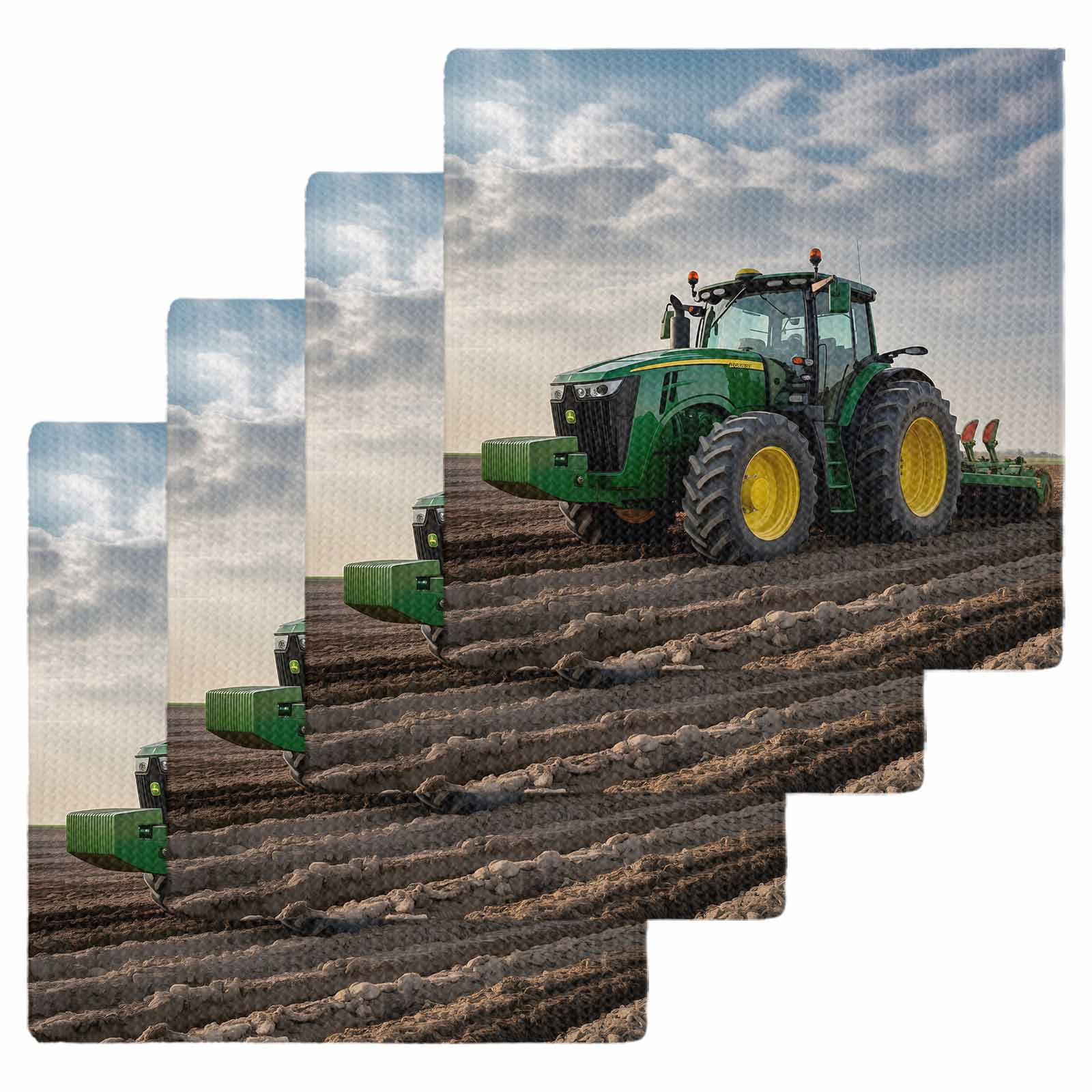 Farm Tractor Kitchen Dish Towels for Drying Dishes Set of 4, Green Truck Country Rustic Field Harvester Waffle Weave Microfiber Hand Tea Bathroom Towels Quick Dry & Absorbent Towel 12x12