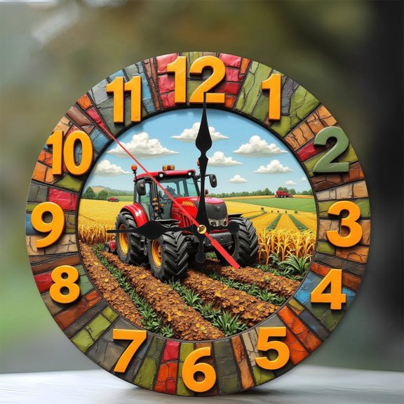 Farm Tractor Landscape Wall Clock 10-Inch Silent Wooden Wall Clock, Battery Operated (AA Batteries Not Included), Artistic Home Decor
