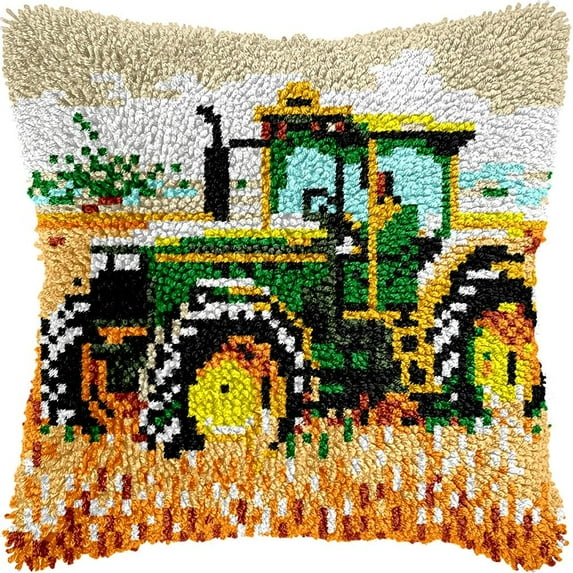 Farm Tractor Latch Hook Pillow Kits DIY Pillowcase Cushtion Cover Crochet Hooking Pillow Making Kits with Color Pattern Canvas Crochet Hooking Kits Pillow 43x43cm(b90)