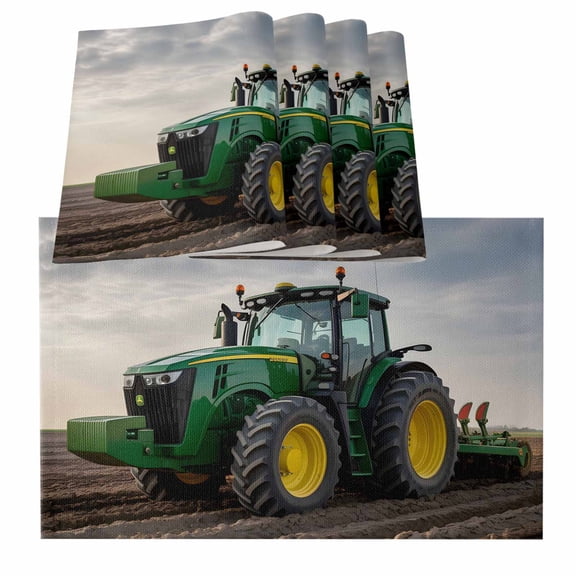 Farm Tractor Placemats for Dinning Table Set of 4, Green Truck Country Rustic Field Harvester Burlap Kitchen Place Mats Waterproof Cloth Table Mats, Indoor Outdoor Placemats Easy Clean Dinner Decor