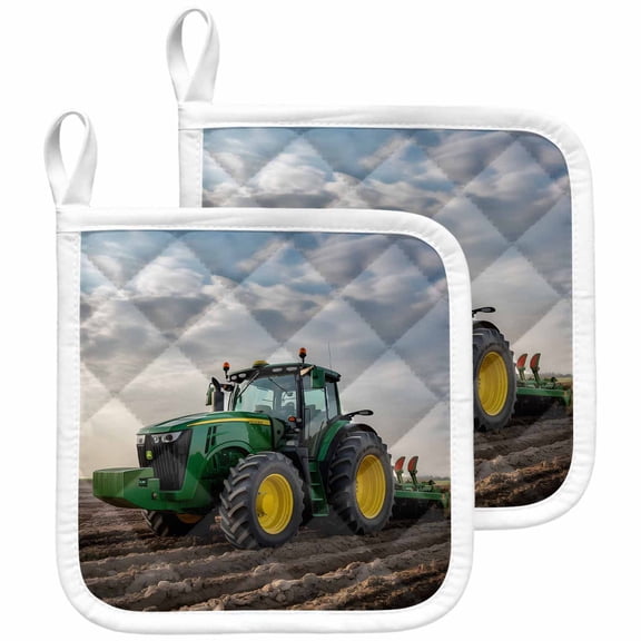 Farm Tractor Pot Holders for Kitchen Heatproof Potholder, 2 Pack Green Truck Country Rustic Field Harvester Hot Pads Multipurpose Oven Pads Cloth Potholders Trivet for Cooking and Baking