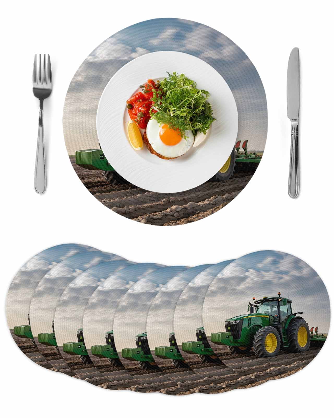 Farm Tractor Round 13 Inch Placemats Set of 8, Green Truck Country ...