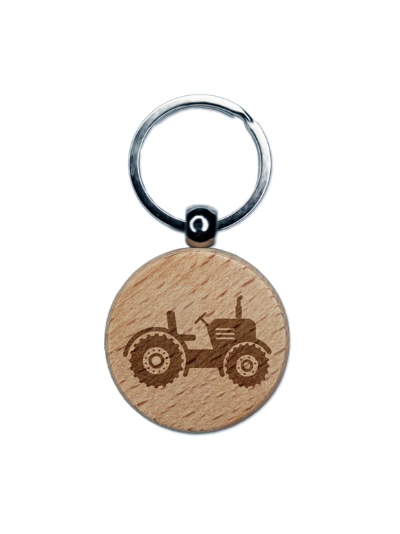 Farm Tractor Round Keychain Charm Tag - Engraved Wood