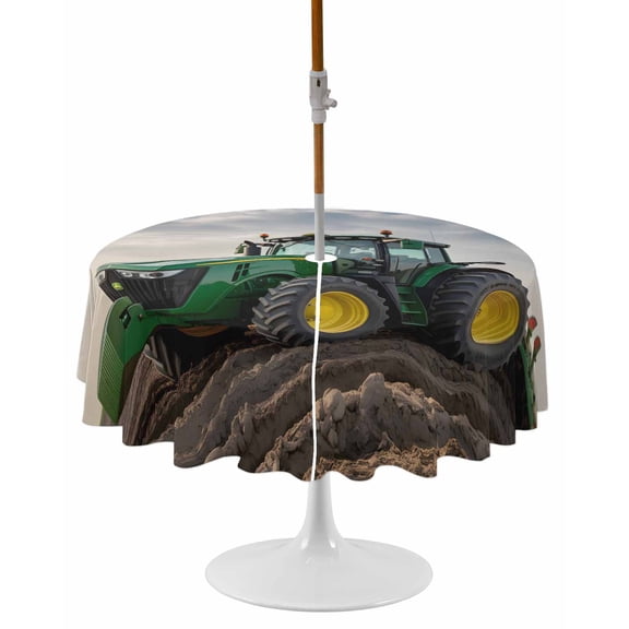Farm Tractor Round Outdoor Tablecloth, Waterproof Table Cloth Cover with Umbrella Hole and Zipper, Green Truck Country Rustic Field Harvester Table Protector for Patio Party Picnic 54" Round