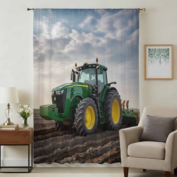Farm Tractor Sheer Curtains 84 Inches Long, Green Truck Country Rustic Field Harvester Light Filering Curtains, Breathable Simi Curtain Privacy Drapes for Living Room Bedroom Window Treatment