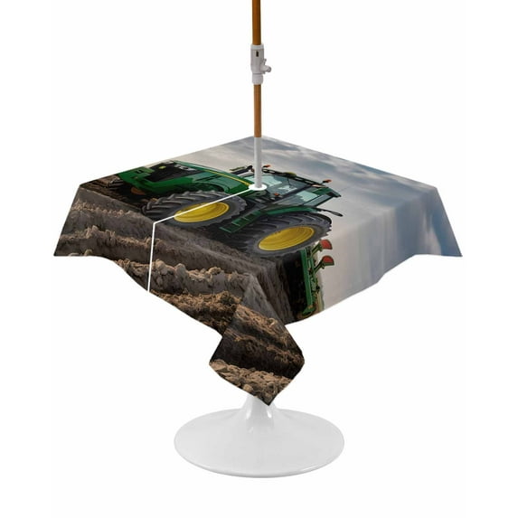 Farm Tractor Square Outdoor Tablecloth, Waterproof Table Cloth Cover with Umbrella Hole and Zipper, Green Truck Country Rustic Field Harvester Table Protector for Patio Party Picnic 54"x54"