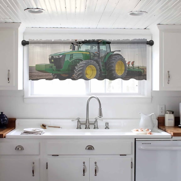 Farm Tractor Valance Curtains for Kitchen/Living Room/Bathroom/Bedroom Window, Green Truck Country Rustic Field Harvester Rod Pocket Small Topper Half Short Window Curtains Voile Sheer Scarf 60"x18"