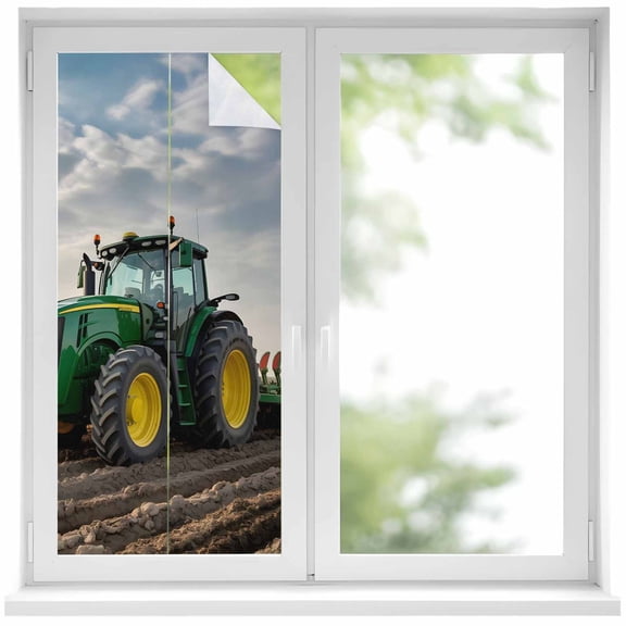 Farm Tractor Window Privacy Film, Green Truck Country Rustic Field Harvester Static Cling UV Sun Blocking Heat Control Window Tint, Non-Adhesive One Way Windows Privacy Cover 19.6''x39.3''