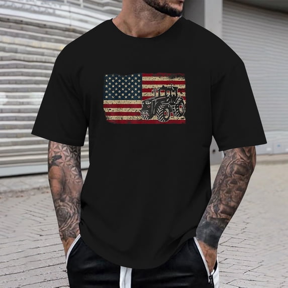 Farm Tractors Flag Patriotic Farming Gift T-Shirt for Men 254 Anniversary USA Shirt Men's Tee Tops (Black L)