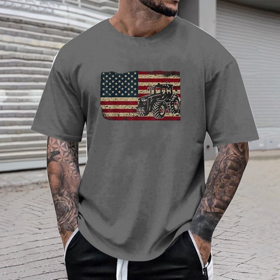 Farm Tractors Flag Patriotic Farming Gift T-Shirt for Men 258 Anniversary USA Shirt Men's Tee Tops (Black L)