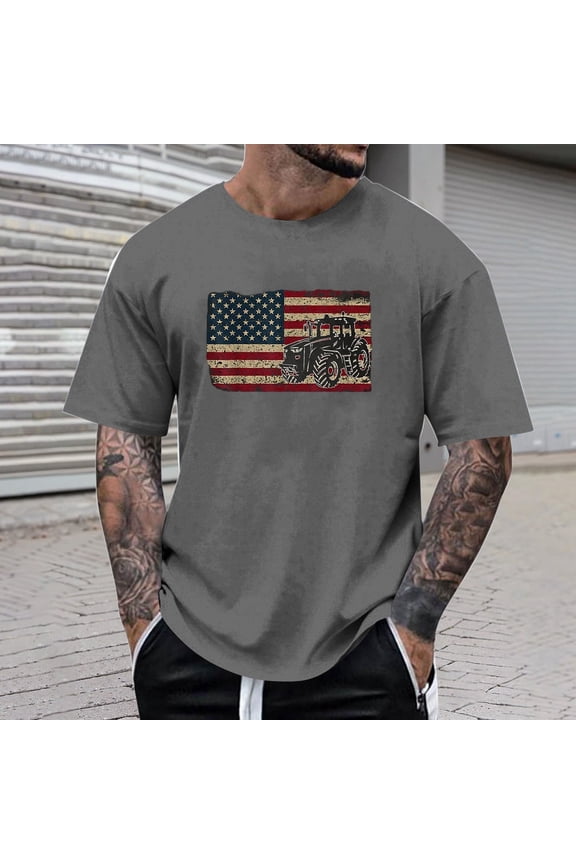 Farm Tractors Flag Patriotic Farming Gift T-Shirt for Men 258 Anniversary USA Shirt Men's Tee Tops (Black L)