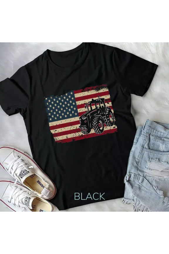 Farm Tractors USA Flag Patriotic Farming Themed Graphic Gift Retro Vintage Unisex T-Shirt Y1598, Up to Size 5XL