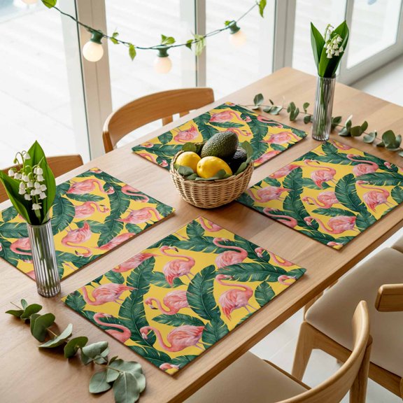 Farm Tropical Flamingo Leaves Placemats Set of 4,Wipeable Washable Table Mats for Dining Tables, Palm Leaf Pink Animal on Yellow Place Mats for Kitchen Event Party Tabletop Decor