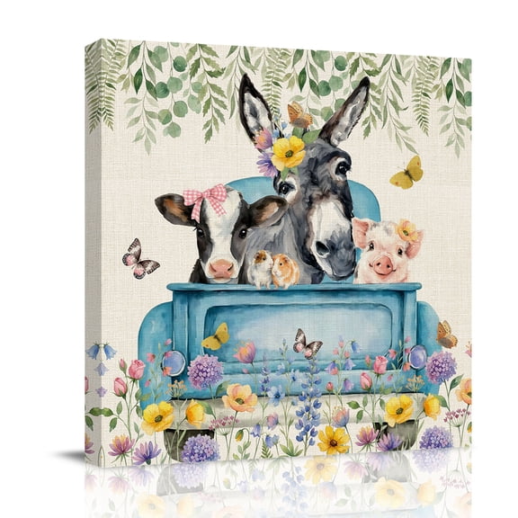 Farm Truck Animal Canvas Wall Art for Living Room, Donkeys Cows Pigs Flowers Leaves Retro Linen Poster Print Painting for Bedroom Office Home Decoration Wall Pictures Prepare To Hang 8"x8"