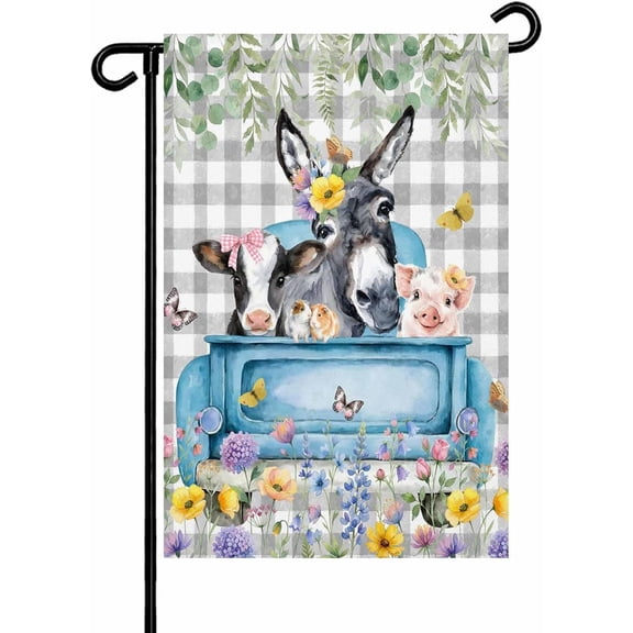Farm Truck Animal Garden Flag 12x18 Inch Donkeys Cows Pigs Flowers Leaves Gray Plaid Double Sided Yard Flags for Outdoor Decoration Welcome Flag Outside Holiday Home Garden Porch lawn Patio Sign