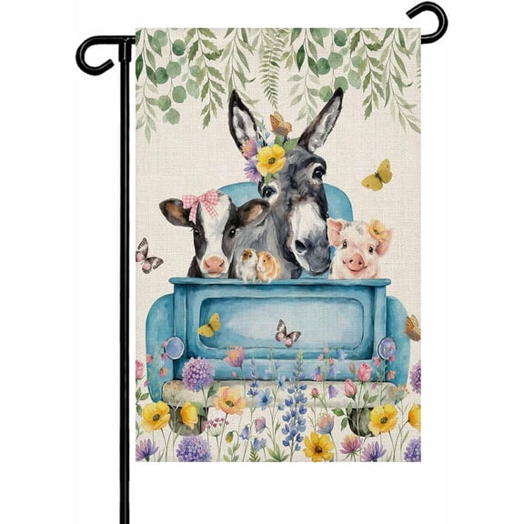 Farm Truck Animal Garden Flag 12x18 Inch Donkeys Cows Pigs Flowers Leaves Retro Linen Double Sided Yard Flags for Outdoor Decoration Welcome Flag Outside Holiday Home Garden Porch lawn Patio Sign