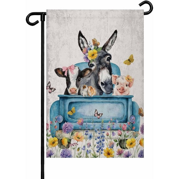 Farm Truck Animal Garden Flag 12x18 Inch Donkeys Cows Pigs Wildflowers Grey Mottled Double Sided Yard Flags for Outdoor Decoration Welcome Flag Outside Holiday Home Garden Porch lawn Patio Sign