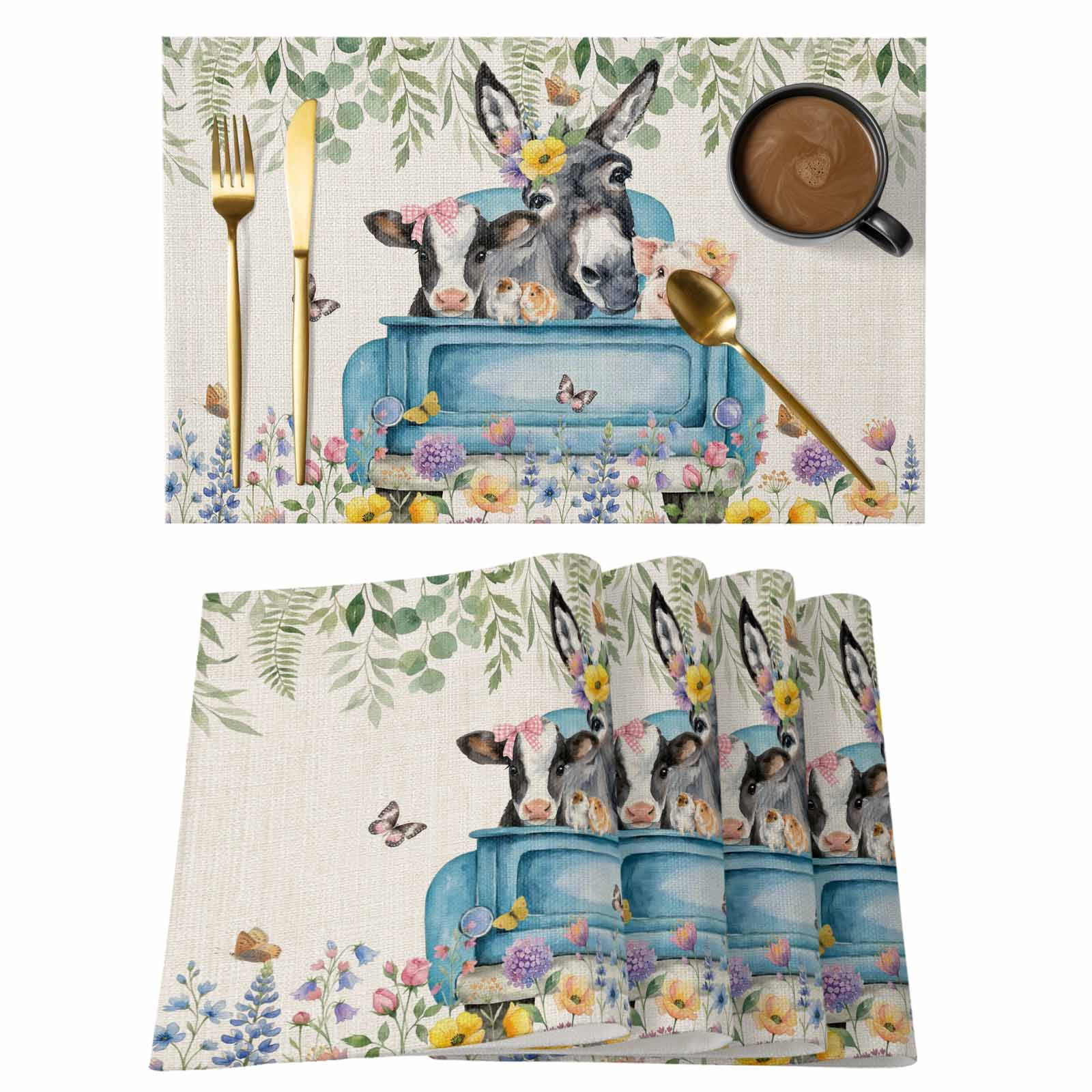 Pig Mat Table Farm Truck Animal Placemats Set of 4, Donkeys Cows Pigs Flowers ...