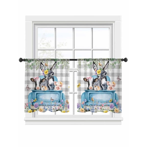 Farm Truck Animal Sheer Curtains 2 Panels Set Donkeys Cows Pigs Flowers Leaves Gray Plaid Sheer Window Curtains Light Filtering Rod Pocket Voile Drapes for Bedroom Living Room 52"x54"