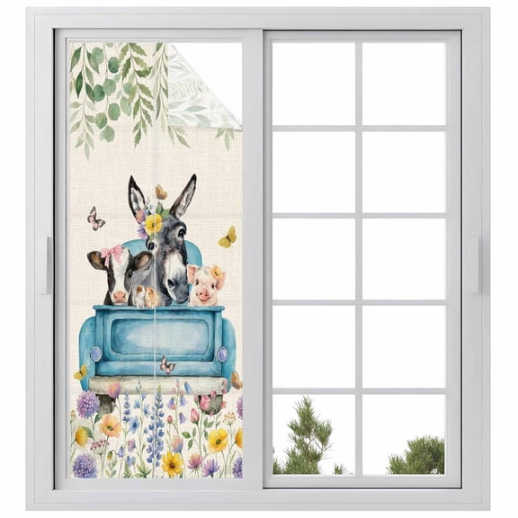 Farm Truck Animal Window Privacy Film, Donkeys Cows Pigs Flowers Leaves Retro Linen Frosted Glass Window Clings Static Cling UV Heat Blocking Reusable Door Sticker for Bathroom 23.6 x 59 Inch