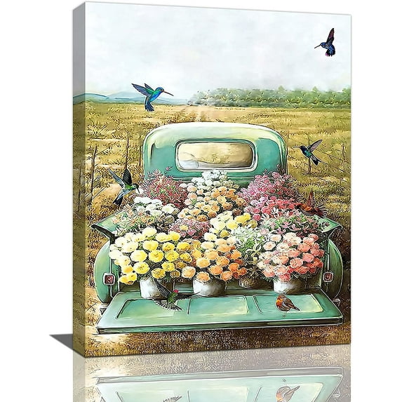 Farm Truck Flowers Bathroom Wall Art Country Hummingbirds Farmhouse Floral Pictures Wall Decor Rustic Canvas Print Painting Decorations Framed Artwork for Living Room Bathroom Bedroom 12"x16"