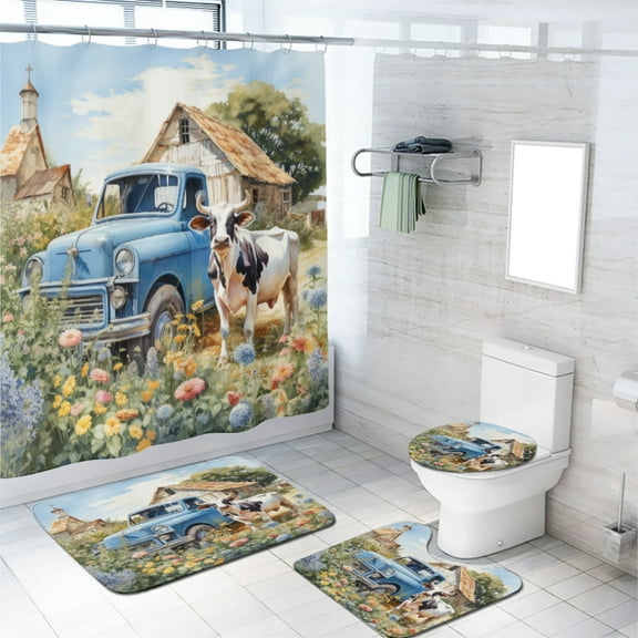 Farm Truck Shower Curtain Sets with Non-Slip Rug Rustic Western Farmhouse Cute Cow with Flowers Bathroom Decor Set with Accessories, Waterproof Shower Curtain for Bathtub Decor, 72x72 Inch