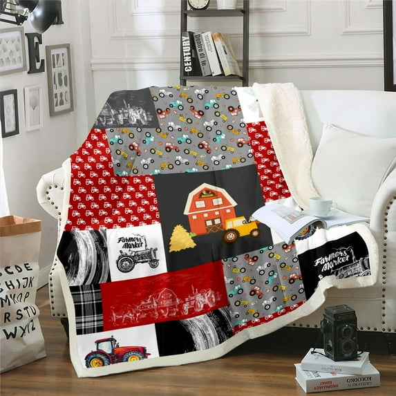 Farm Trucks Blanket for Teen,Colorful Tractor Construction Fleece Blanket 50"x60",Teal Red Vehicles Vintage Big Wheel Car Throw Blanket,Red Black Patchwork Grid Checkered Plaid Sherpa Blanket