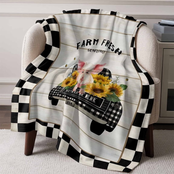 Farm Trucks Pink Pig on Wood Throw Blanket Flannel Fleece Throws, Black White Checkered Plaid Lightweight Super Soft Warm Blankets for Couch Sofa Bed All Season Use, 50x60 in