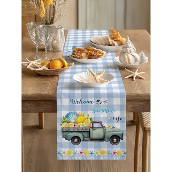Farm Trucks Summer Life Quote Table Runner 13x36in Non-Slip Cotton Linen Table Runners, Watercolor Blue Plaid Dresser Scarves TableRunner for Dinner Kitchen Dining Wedding Party
