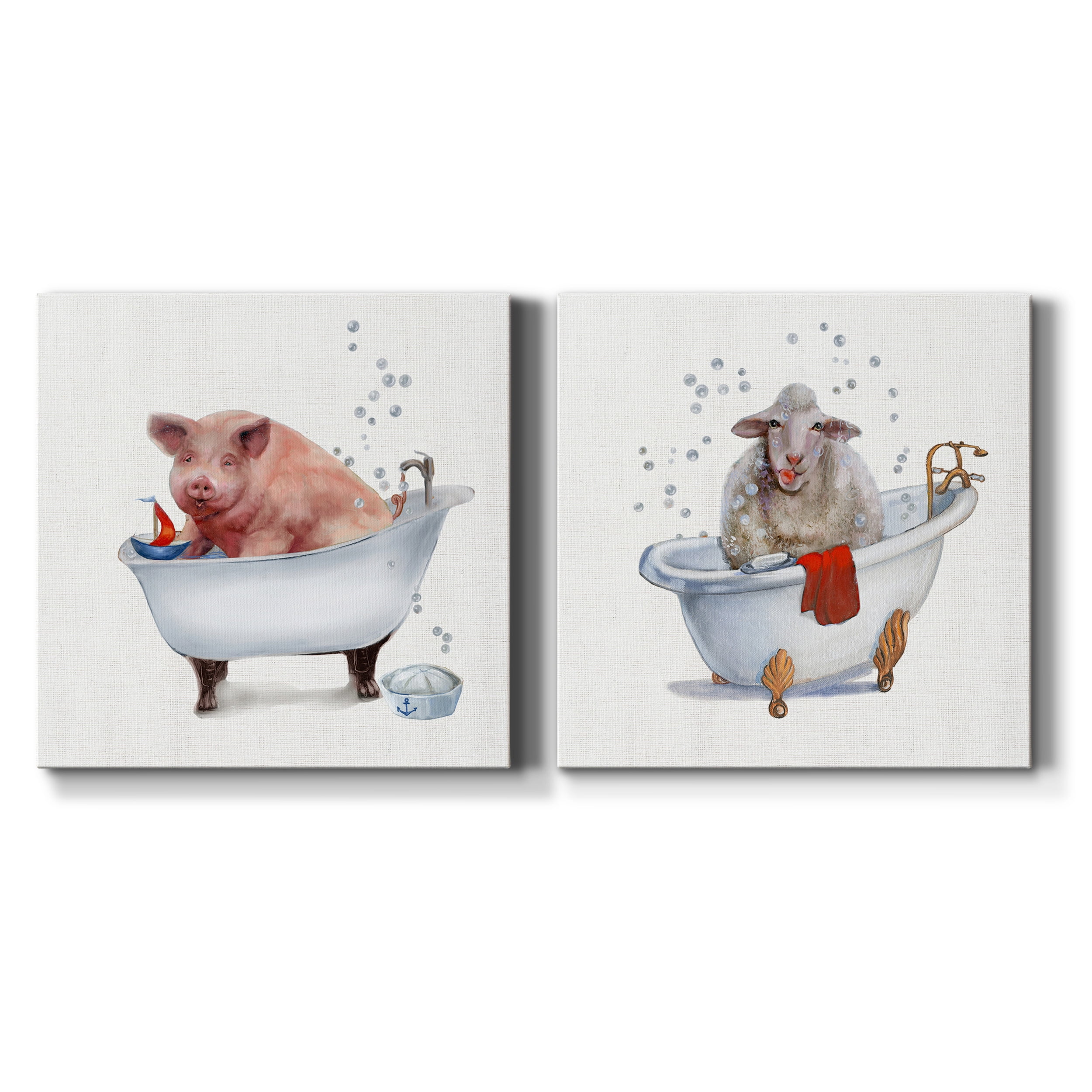 Farm Tub Pig - Premium Gallery Wrapped Canvas - Ready to Hang Set of 2 - 24 x 24 Each