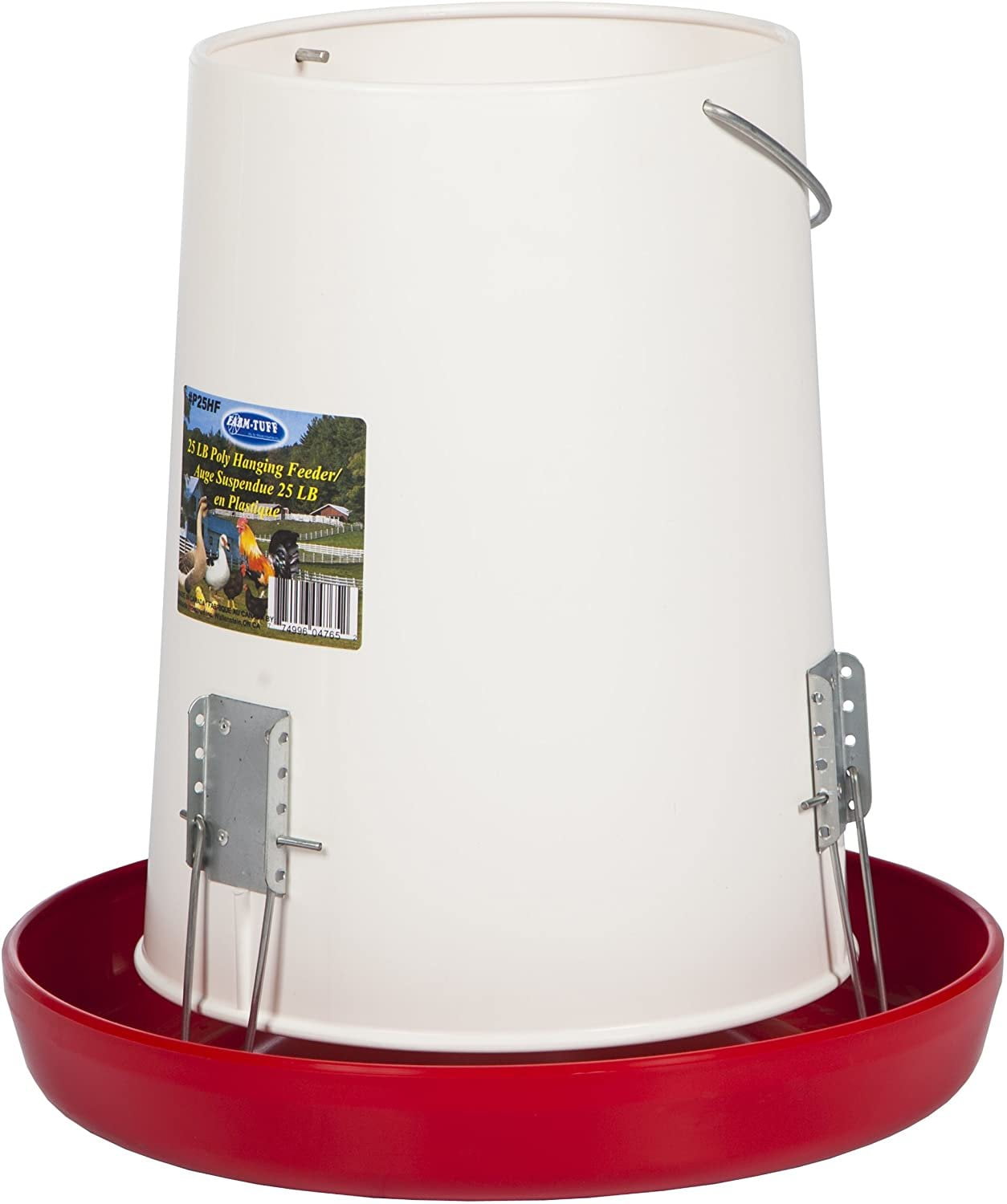 25 Lb Capacity White and Red Plastic Hanging Poultry Feeder