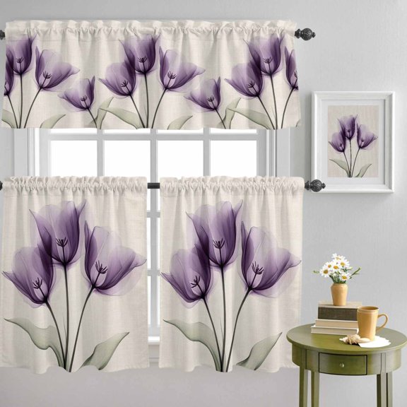 Farm Tulip Purple Flower on Burlap Curtain Tier and Valance Set 3 Piece, Watercolor Spring Floral 3-inch Rod Pocket Window Tier Curtains Valance for Kitchen Living Room