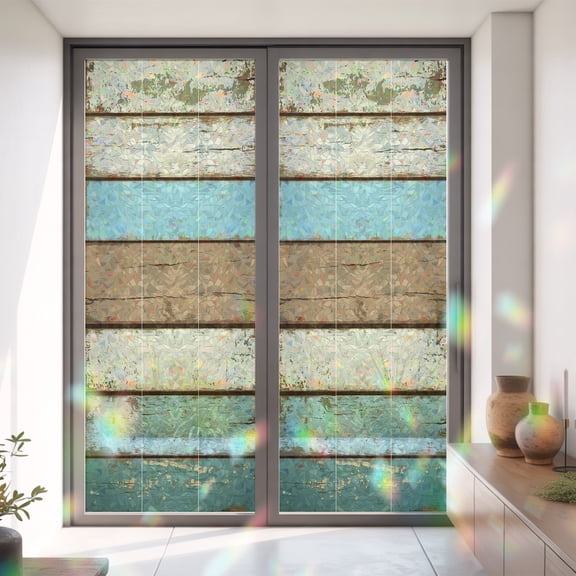 Farm Vintage Wood Board Window Privacy Film,Decorative Windows Static Cling Shabby Farmhouse Wooden Grain Heat Control Removable Glass Sticker for Home Bathroom Bedroom Window Door,35x79in