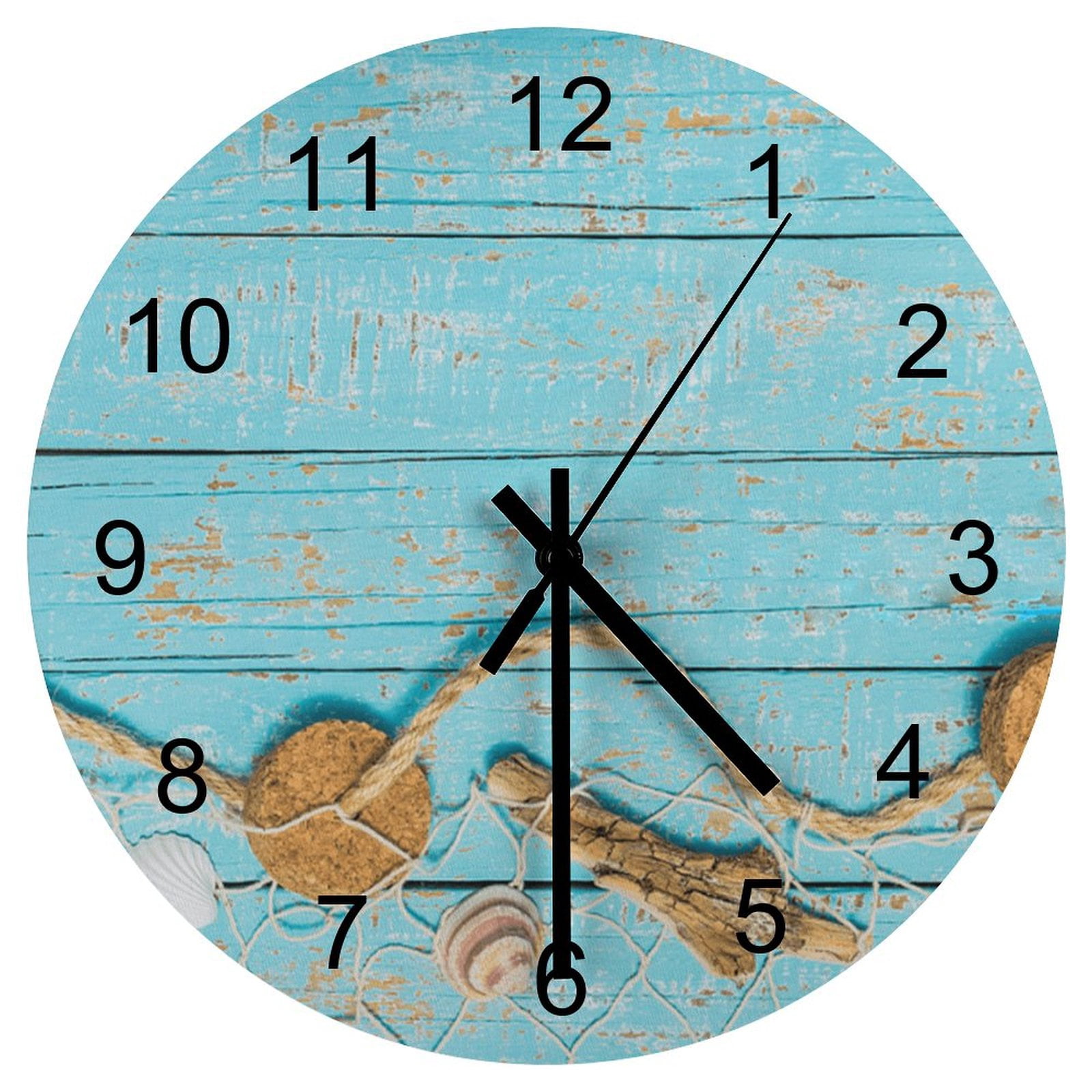 Farm Wall Clock Blue Shell wood block Clocks 12 inch Mute Wood Round ic ...