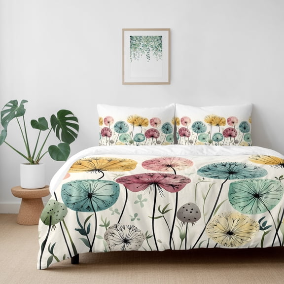 Farm Watercolor Dandelions California King Size Bed Set,Country Blue Purple Yellow Plant Bedding for All Seasons,4 Pcs Bed Set with 1 Quiltcover (96"x104"),1 Sheet (110"x98"),2 Pillowcases (20"x36")