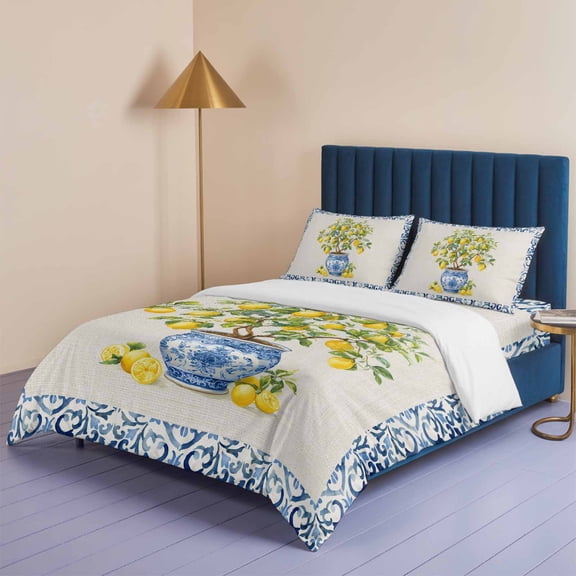 Farm Watercolor Lemon Fruit Queen Size Bed Set,Blue and White Porcelain Linen Bedding for All Seasons,4 Pcs Bed Set,1 Quiltcover (90"x90"),1 Sheet (90"x102"),2 Pillowcases (20"x30")