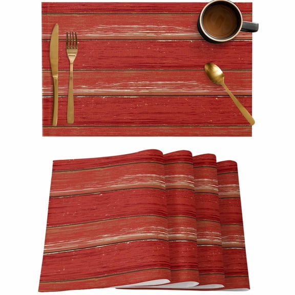 Farm Watercolor Red Wood Board Placemats Set of 4,Wipeable Washable Table Mats for Dining Tables,Rustic Retro Gradient Wooden Place Mats for Kitchen Event Party Tabletop Decor