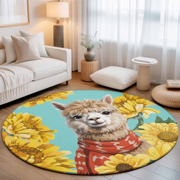 Farm Watercolor Sunflower Alpaca Round Rug 5ft Animal Floral on Teal Washable Area Rugs for Living Room Bedroom Entryway Non Slip Entrance Door Mat Indoor Floor Carpet