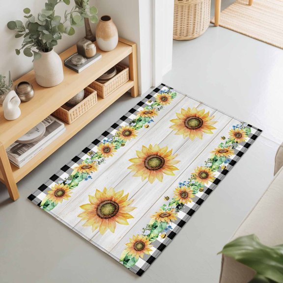 Farm Watercolor Sunflower on Wood Board Rectangle Rug 2'x3' Rustic Buffalo Plaid Border Washable Area Rugs for Living Room Bedroom Entryway Non Slip Entrance Door Mat Indoor Floor Carpet