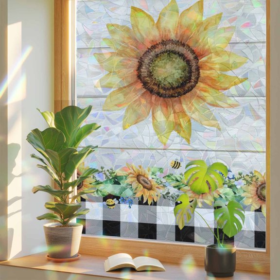 Farm Watercolor Sunflower on Wood Board Window Privacy Film, Rainbow Film Decorative Window Sticker 17.7x39.3in, Rustic Buffalo Plaid Border Sun Blocking Static Stained Glass Cling Tint Non-Adhesive