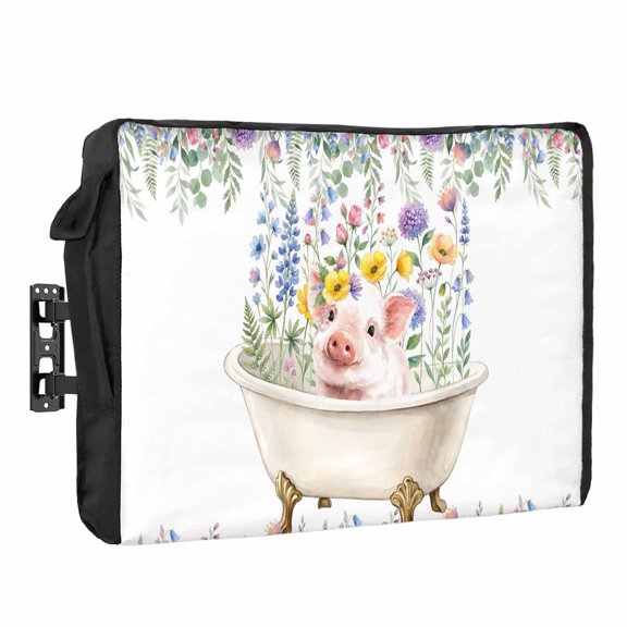 Farm Waterproof Outdoor TV Cover, Watercolors Bath Cute Pig Wildflowers Eucalyptus Leaves Outside Weatherproof TV Enclosures for 30 to 32 Inch LCD Television Shield Flat Screen Protectors