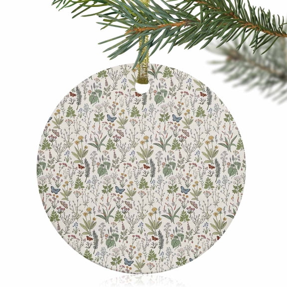 Farm Wildflower Herb Butterfly Christmas Ceramic Ornament 2025,3" Round Xmas Tree Hanging Accessories with Gold Ribbon