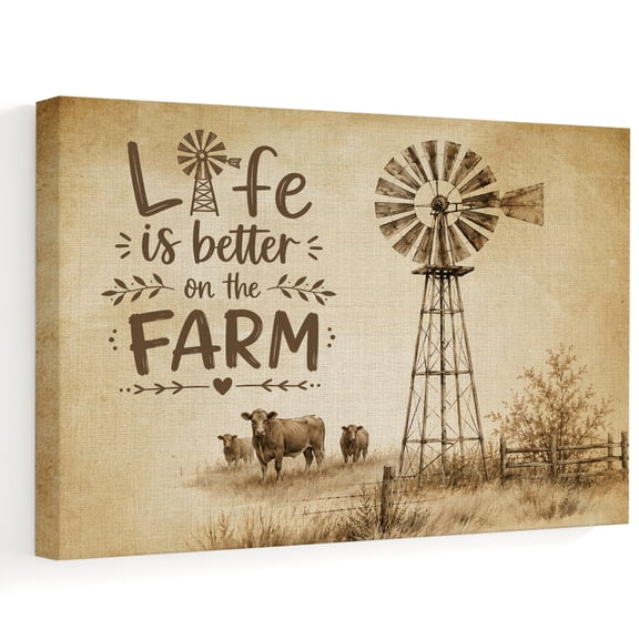 Farm Windmill Canvas Wall Art, Rustic Farmhouse Brown Cow Wild Prairie Grass Wall Art Prints Artwork Framed Canvas Ready to Hang Art Pictures for Bathroom Bedroom Entry Desk Corner 10" x 8"