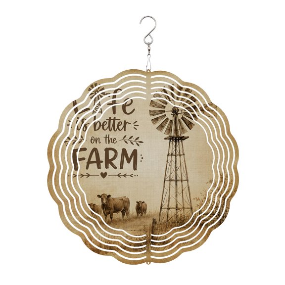 Farm Windmill Wind Spinner for Garden Yard 8In, Rustic Farmhouse Brown Cow Wild Prairie Grass 3D Stainless Steel Kinetic Hanging Wind Spinners Rustproof Outdoor Decor for Lawn Patio Home