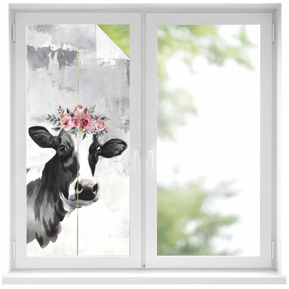 Farm Window Privacy Film 17.7x39.3in Vintage Black Grey Cattle with Floral Decorative Window Film with Static Cling, UV Filtering Window Cling Privacy Film for Glass Doors and Windows